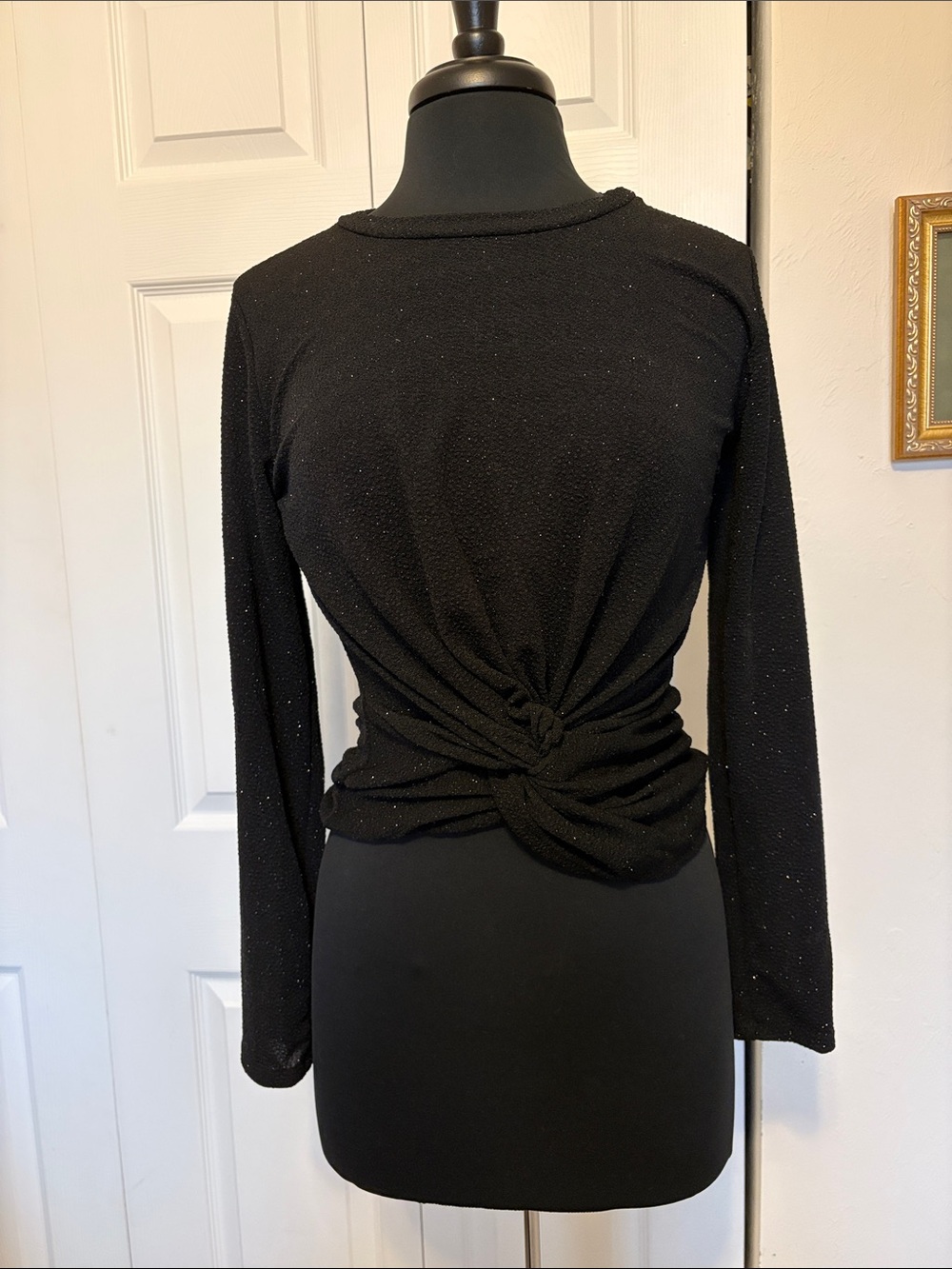 NWOT Les Amis Black Shiny Long Sleeve Twist Front Top. Size Small.